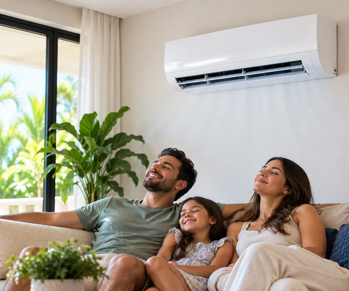 Familia descansando fresca en su sala bajo un aire acondicionado inverter de pared