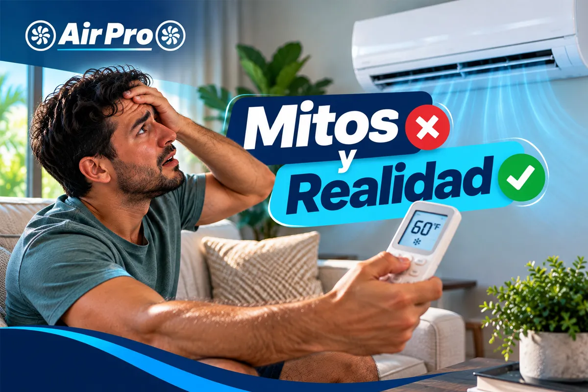 Hombre con calor sosteniendo el control del aire acondicionado en 60 °F, con el texto Mitos y Realidad