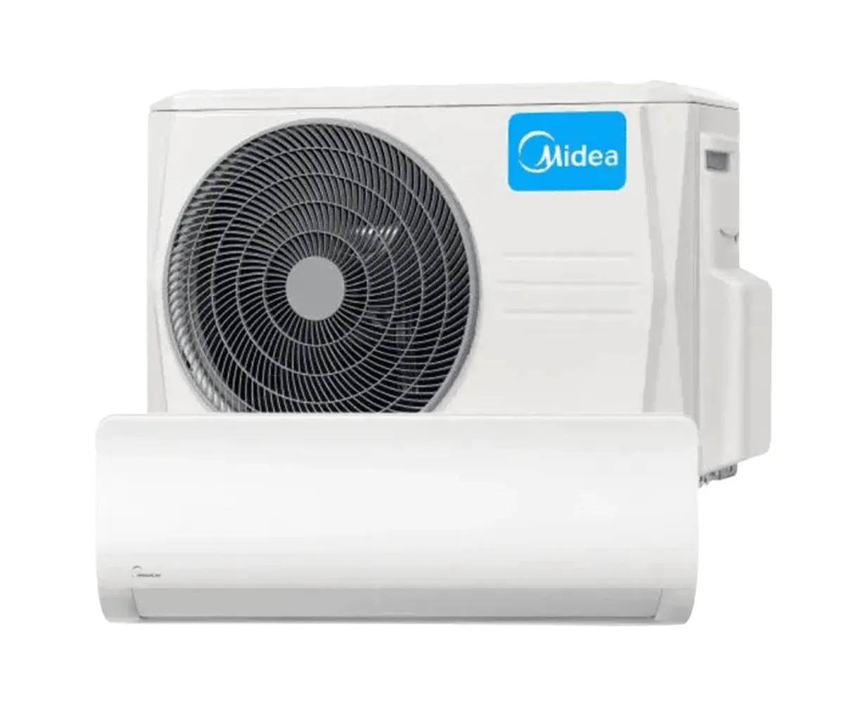 Aire acondicionado inverter Midea de pared con su condensador